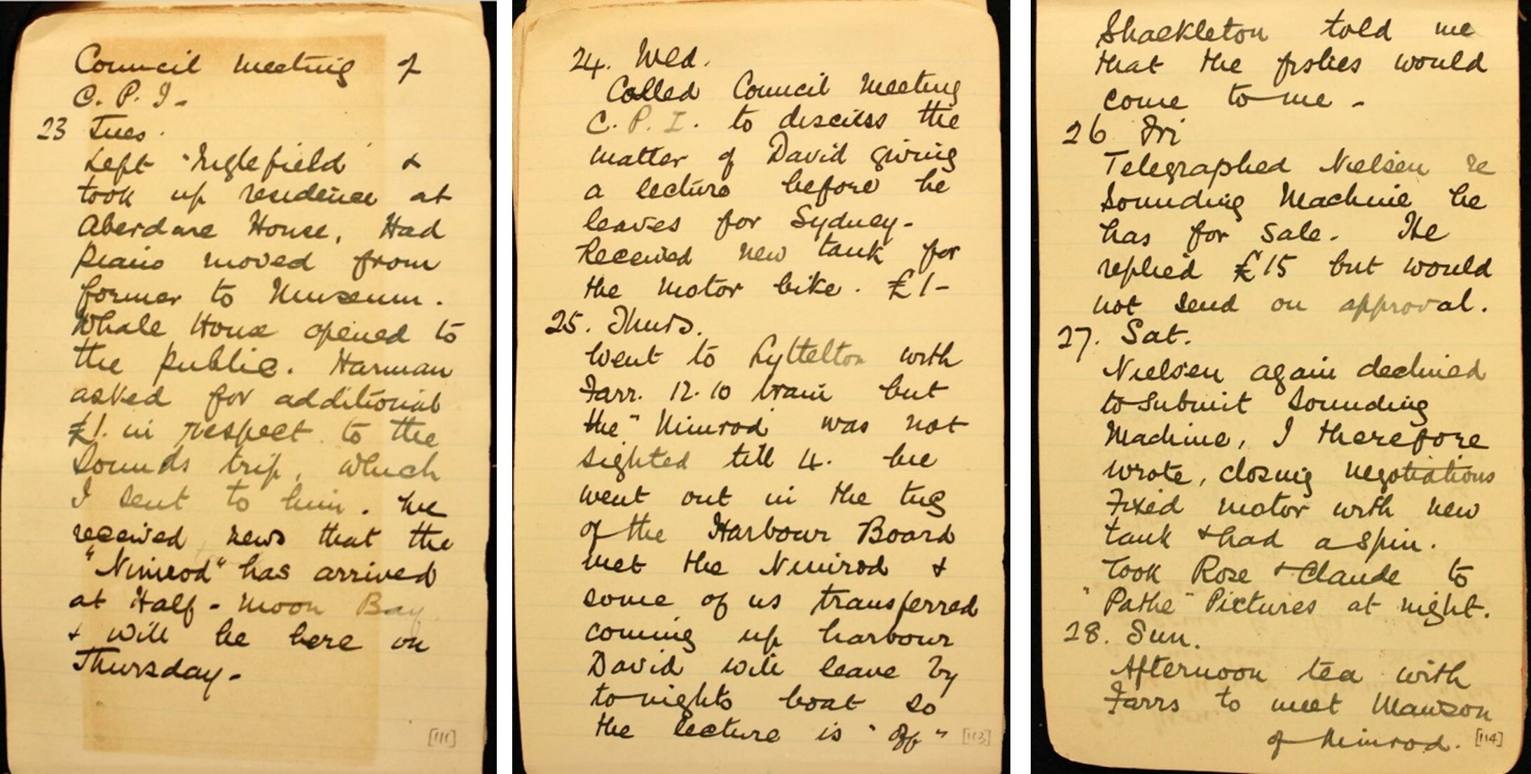 Edgar Waite’s diary entries from March 1909 recording the return of Shackleton’s expedition to Christchurch and a guarantee from Shackleton that the fish collected in Antarctica would be given to Canterbury Museum. Images courtesy of the Australian Museum