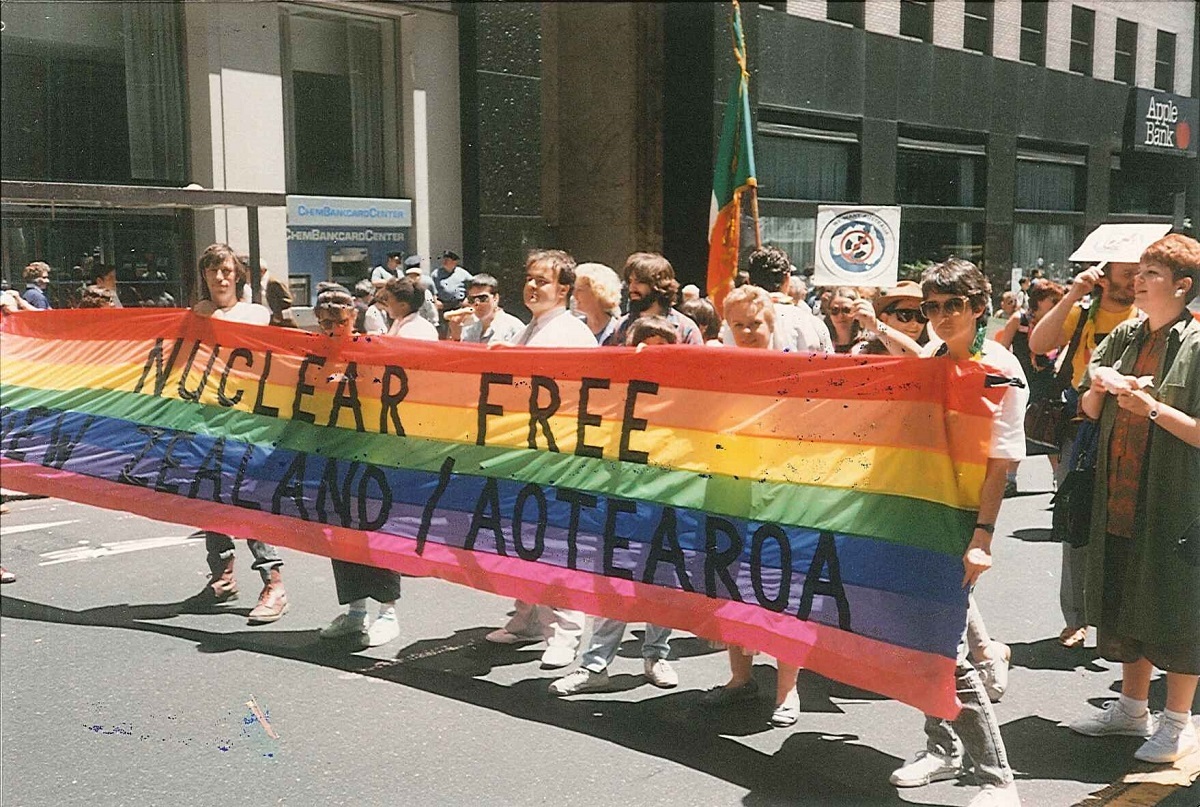 Kate Dewes and others carrying the banner at the NGO march in New York City in 1988. Image courtesy of Kate Dewes