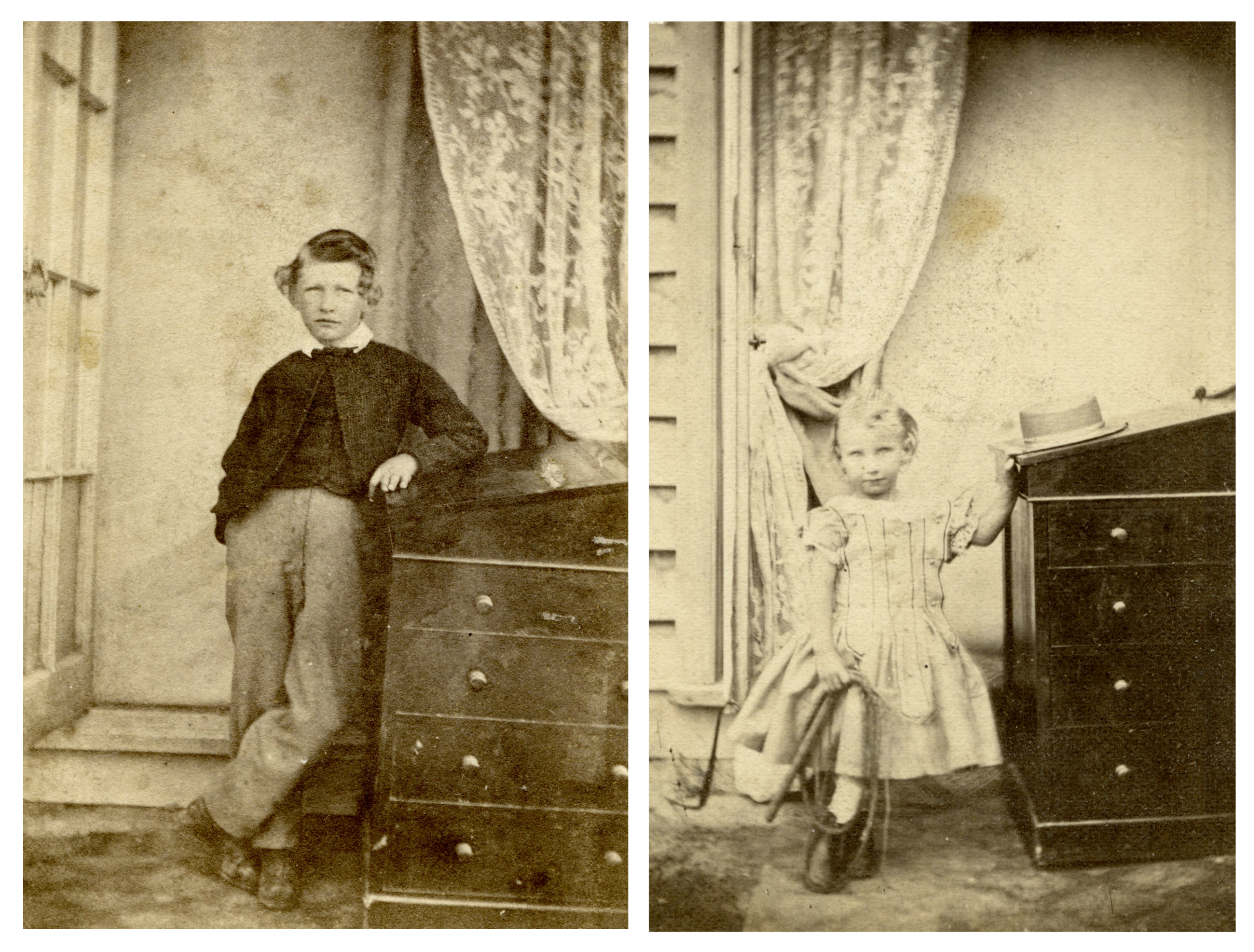 Agnes Caverhill and her brother Thomas Hensman Caverhill posing with their grandmother’s desk. Canterbury Museum 1999.202.4 and 1999.202.6. No known copyright restrictions