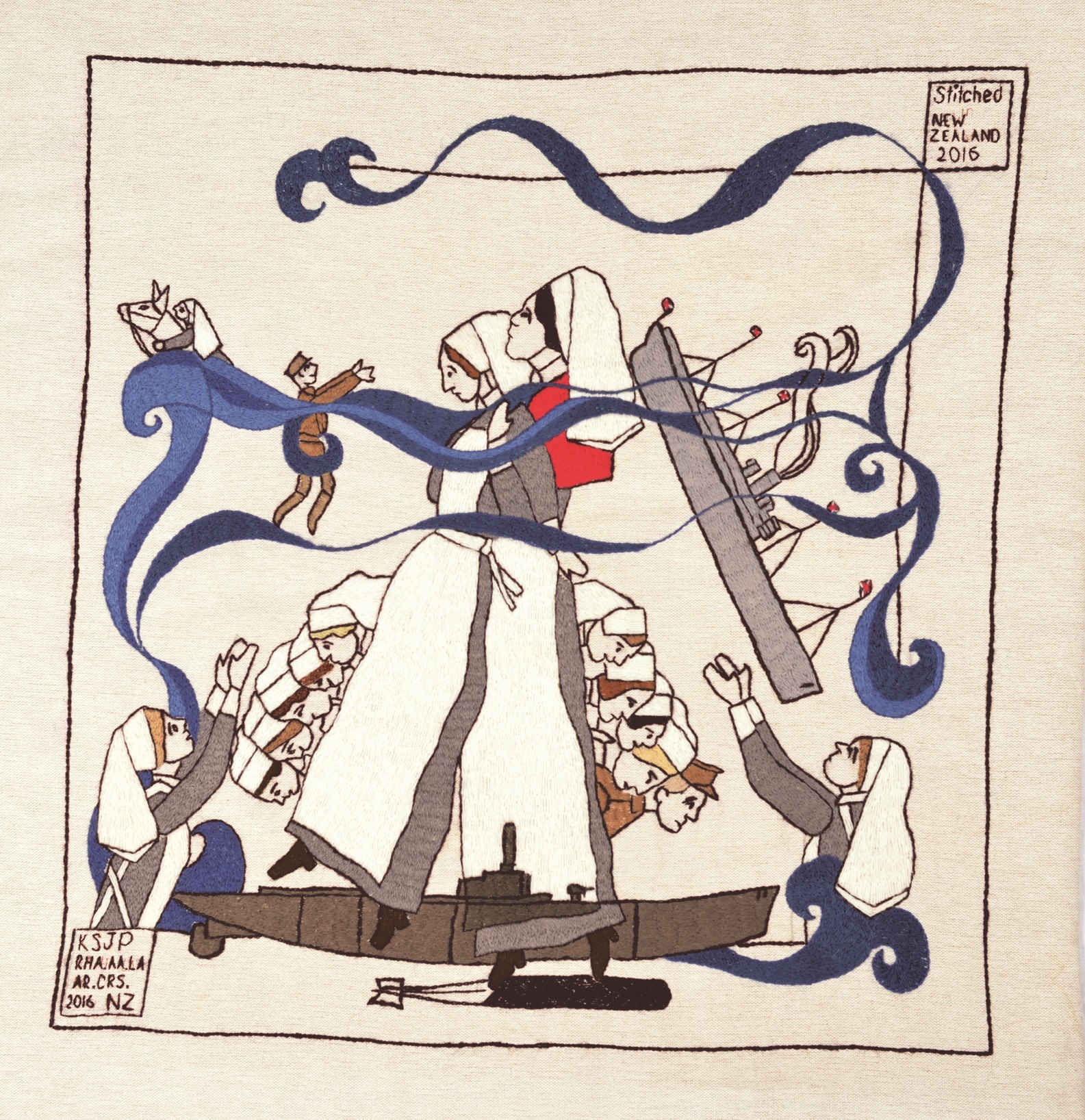 A panel in the Mount Felix Tapestry depicts Edith Popplewell keeping a fellow nurse afloat during the sinking of the HMT Marquette.