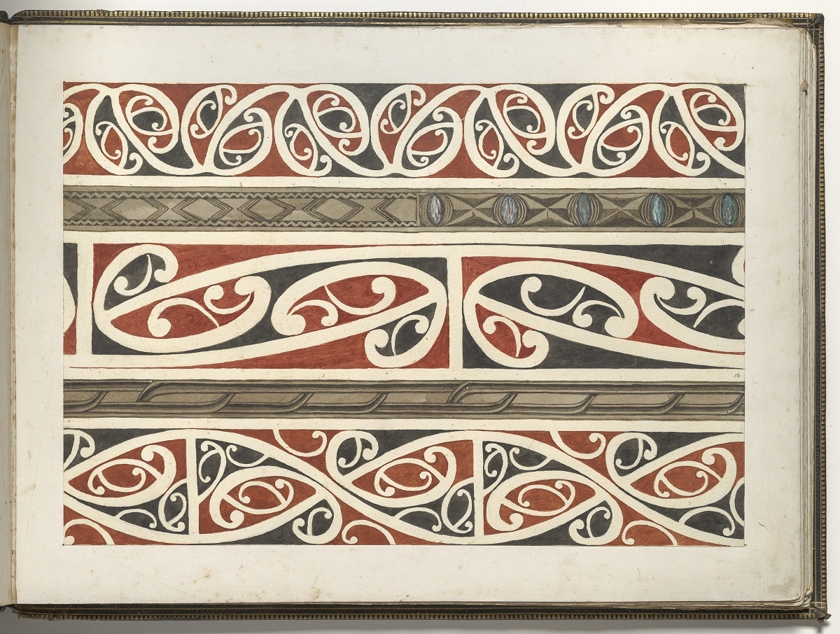 Reproduction of the original painted study by Menzies, published in Māori Patterns Painted and Carved, 1910. The studies are carefully painted, with shading to indicate depth of carving and varicoloured reproductions of pāua shell inserts. These subtleties were lost in the lithographed reproductions. Private collection, photographed by John Collie for Akaroa Museum. All Rights Reserved