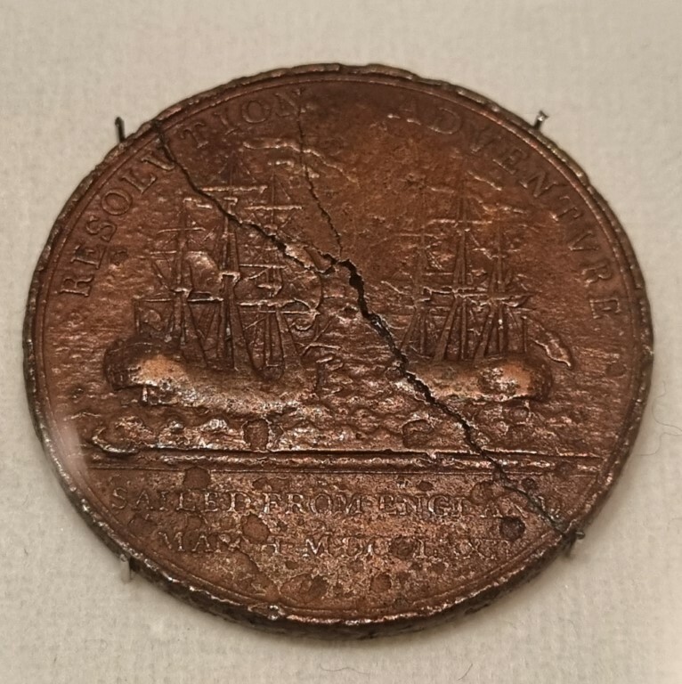 Resolution and Adventure medal, 1772. Found 1860 on Arapawa Island, Queen Charlotte Sound. Canterbury Museum 1995.993