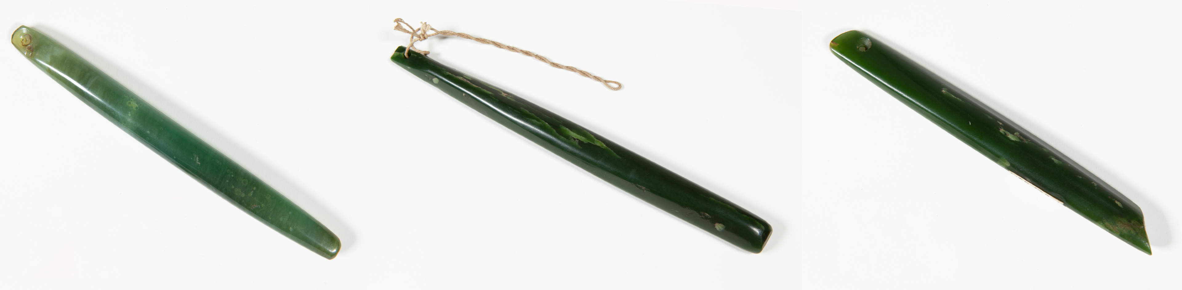 Pounamu taonga donated by Dorothea Stack. From left: E150.526 , E150.527 and E150.528