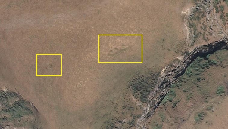 Raised rim storage pits visible on hilltop near Waihora. Pits such as these were probably used for storing kūmara but are rare in Canterbury. Canterbury Maps CC BY 3.0 NZ