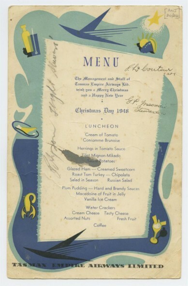 TEAL Christmas Menu 1948. Air New Zealand Archive