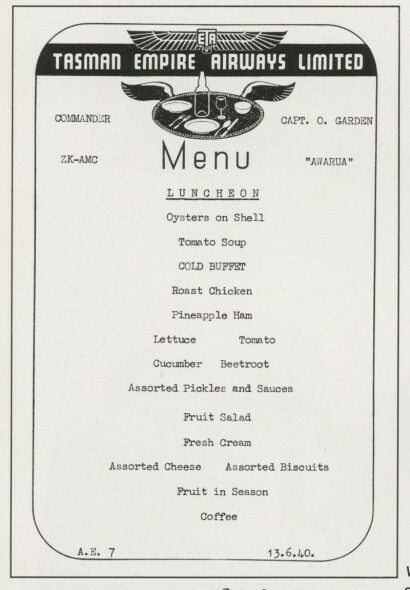 TEAL lunch menu 1940. Air New Zealand Archive