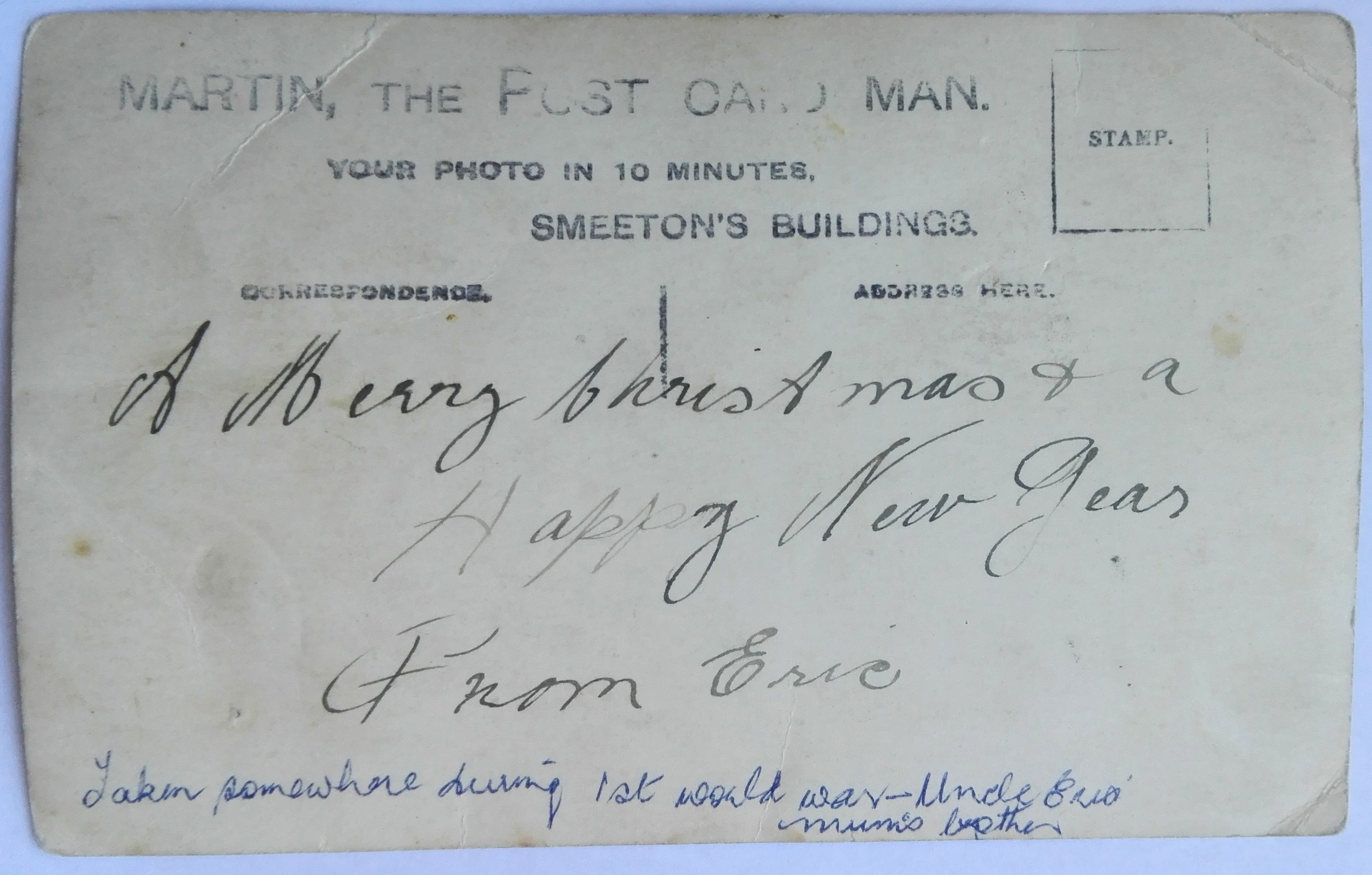 Eric sent this postcard to his family for Christmas in 1914. Private collection. All Rights Reserved
