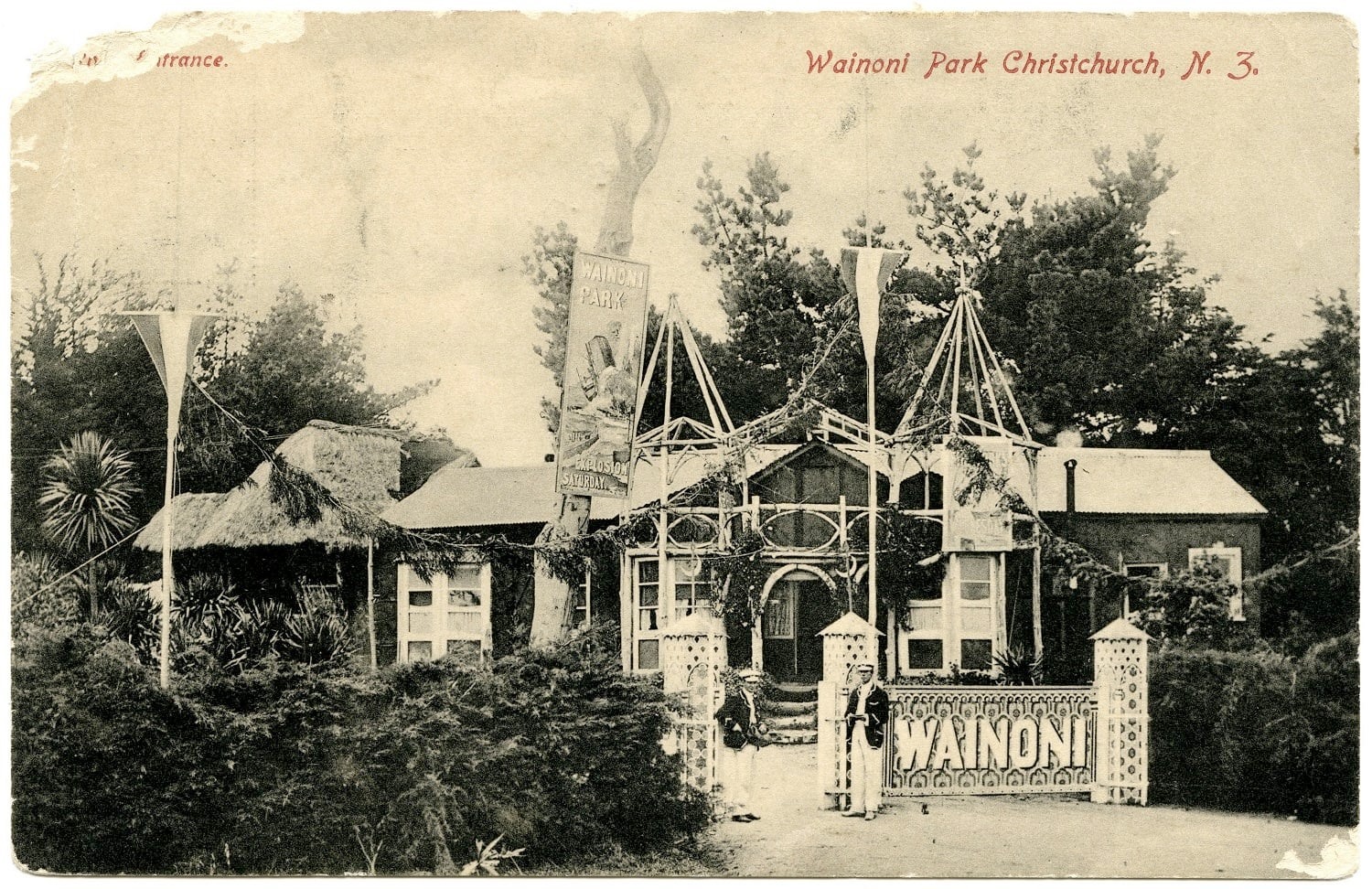 Postcard showing the entrance to Wainoni Park. Canterbury Museum V139944