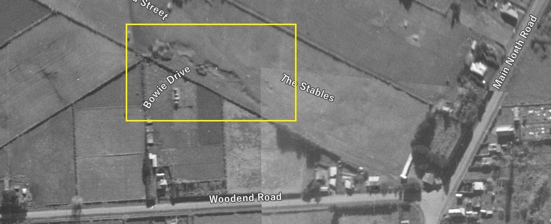 Borrow pits at Woodend visible on an aerial photograph taken in 1942. These pits have subsequently been destroyed by urban development. Canterbury Maps CC BY 3.0 NZ.