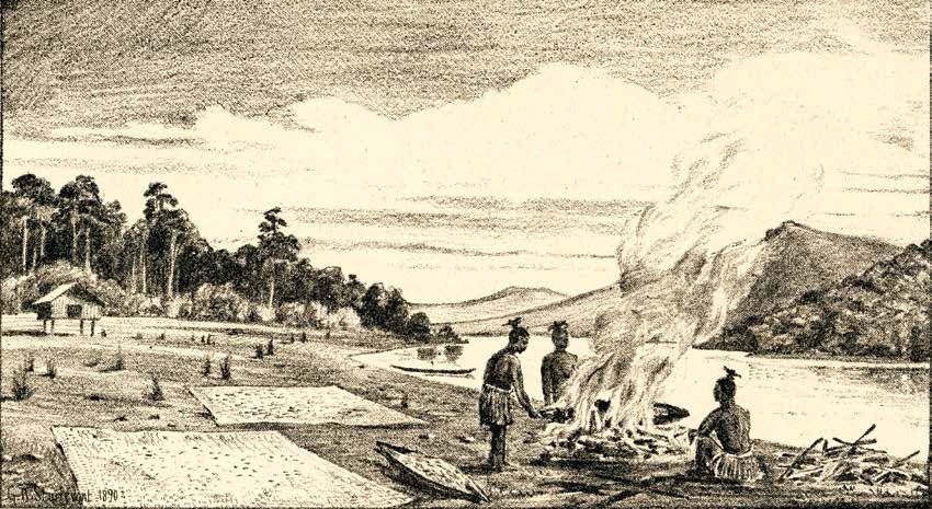 Illustration showing īnaka being dried on flax mats. Reproduced from J White's Ancient History of the Māori, published in 1891
