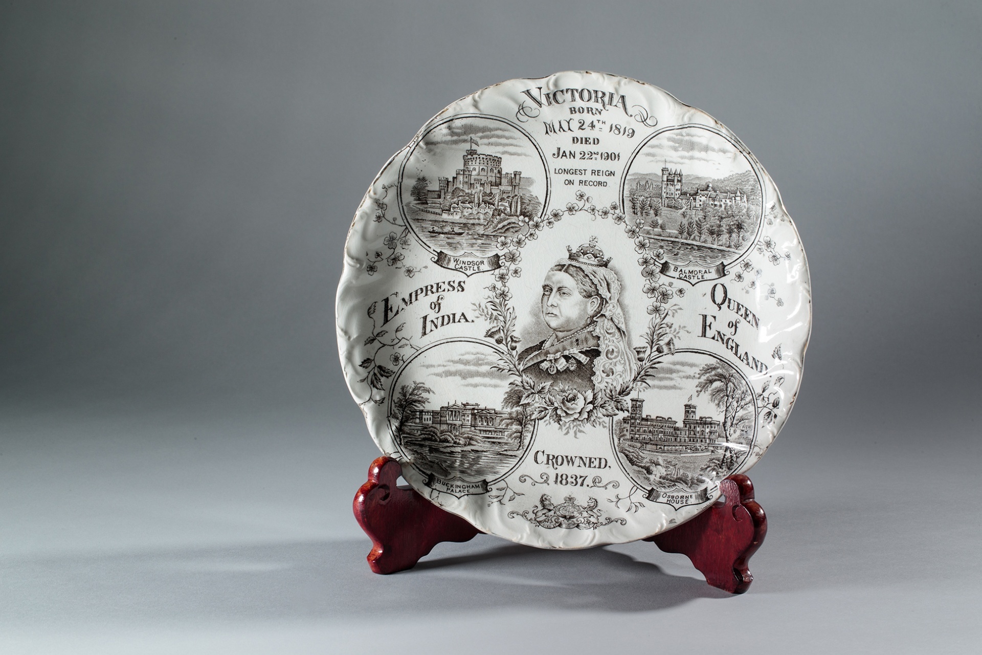Commemorative plate for the death of Queen Victoria. On display in the John Bates and Co. shop, Christchurch Street. Canterbury Museum 1975.250.3